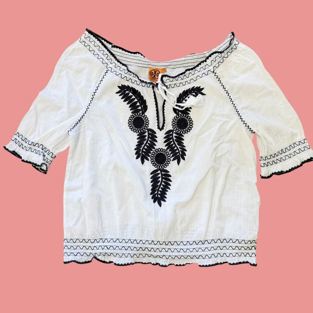 Tory Burch Peasant Blouse Med White Navy Embroidered Cotton Tassel Of Shoulder